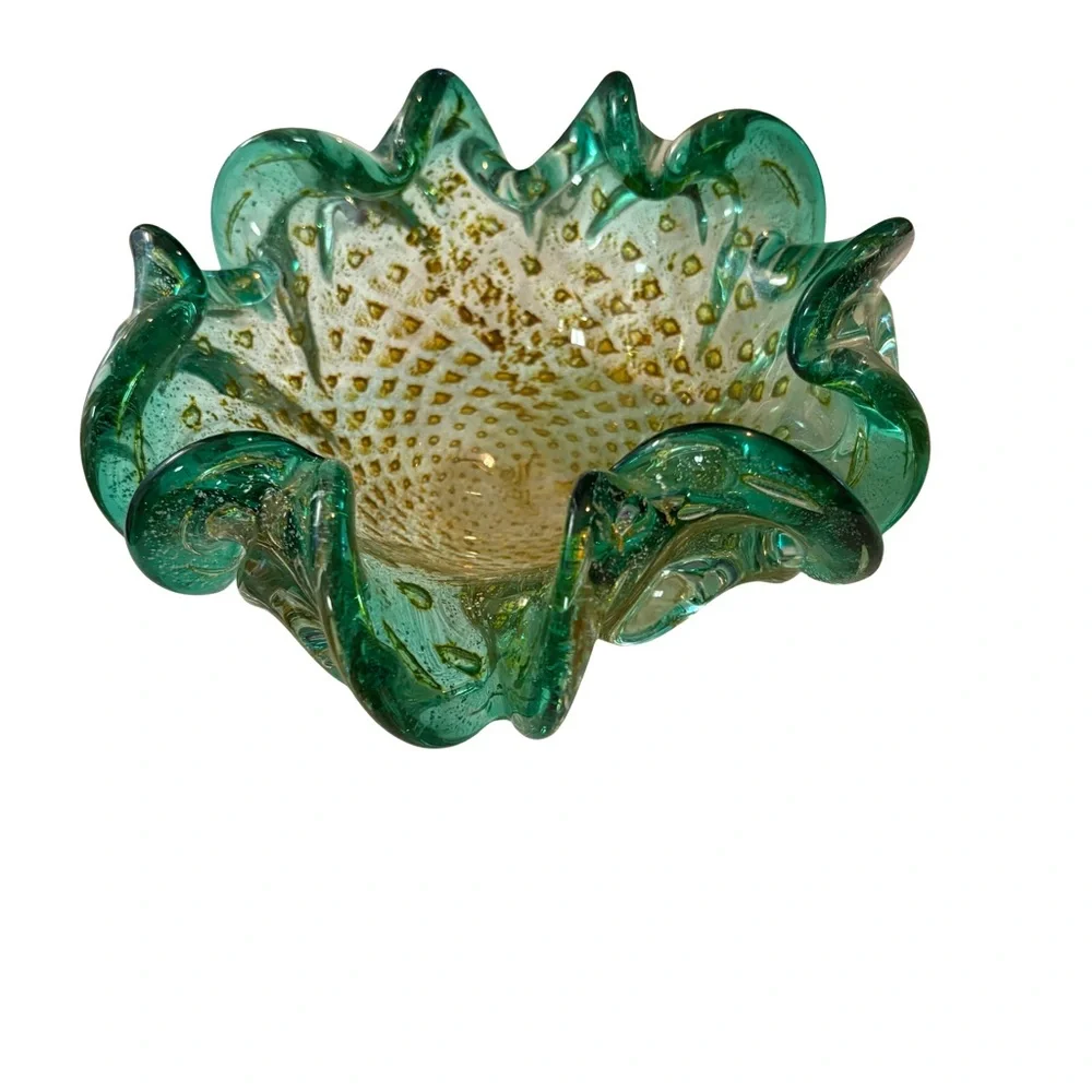 Murano • Mid-Century Bullicante Green Art Glass Bowl‎